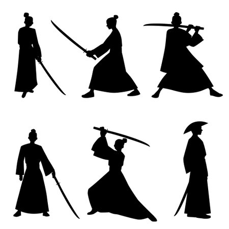 Set of black silhouettes with samurai warriors in various fighting poses in a traditional kimonoのイラスト素材