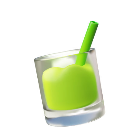 Vector 3D illustration depicting a green smoothie in a transparent glass with a straw.のイラスト素材