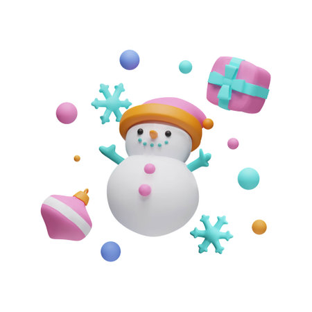 3D Christmas composition. Snowman, gift box, snowflake, glass ball.のイラスト素材