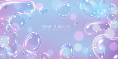 Soap bubbles Abstract dreamy background, soap foam with rainbow reflection, holographic lather vector banner designのイラスト素材