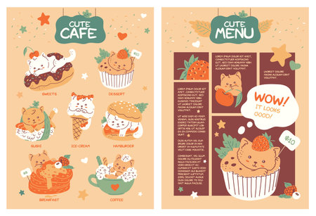 Cute cat in food on vector children cafe price menu fast food and dessert, funny burger, sushi, donut, cupcake, coffeeのイラスト素材