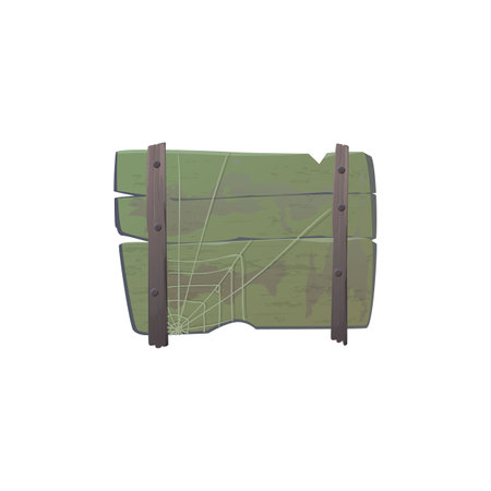 Old wood signboard with cobweb, vector cartoon empty plank board wooden texture, timber square blank, retro fenceのイラスト素材