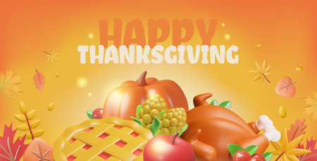 3d thanksgiving banner design with pumpkins and autumn leaves.のイラスト素材