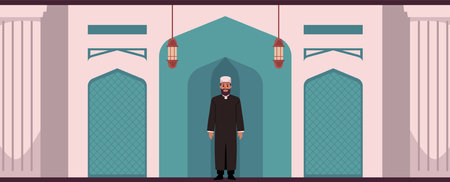 Mullah, Imam or Mufti in the mosque, vector Islamic religion, Ramadan Kareem prayer, Muslim culture and interiorのイラスト素材