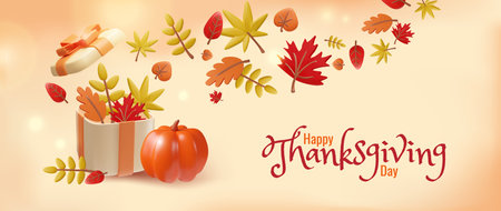 3d thanksgiving banner with pumpkins and fall leaves design.のイラスト素材