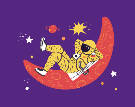 Vector illustration with an astronaut resting on the moon surrounded by the sun, stars, Saturnのイラスト素材