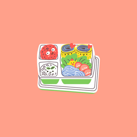 Illustration of a white bento box with Asian food on a pink background.のイラスト素材