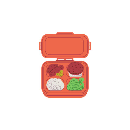 Bento box. Red plastic box with meal.のイラスト素材