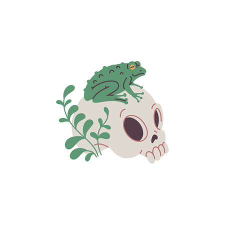 This vector illustration shows a human skull with a grass branch and a green frog.のイラスト素材