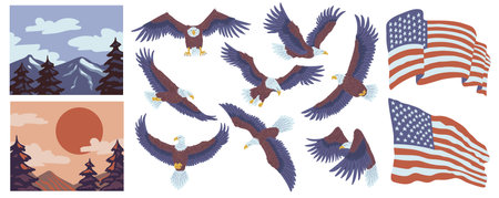 Bald Eagle with American flag, wild bird with national symbol United States of America, mountains...