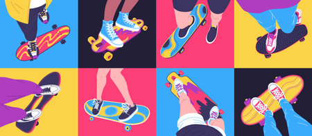 Teenager ride on skateboard above view vector illustrations set, feet in sneakers on longboard bright street designのイラスト素材