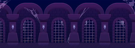The interior of the prison has ancient stone walls and doors with bars and cobwebsのイラスト素材
