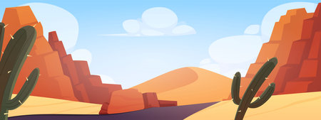 Desert landscape with rocks, cliffs and road with blue sky.のイラスト素材