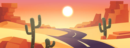 Desert landscape with golden sand dunes, mountains, cactus and road, vector cartoon hot sun wild dry African natureのイラスト素材