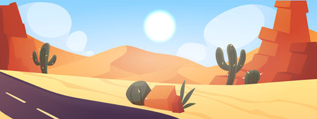 Vector illustration of a desert landscape with rocks, cacti, road and sun on blue sky.のイラスト素材