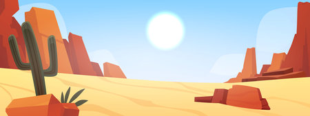 Desert landscape with sand dunes, mountains and cactus, vector cartoon blue sky, sun light under wild African natureのイラスト素材
