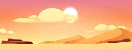 Vector illustration of desert landscape with hills, rocks, sun and yellow clouds.のイラスト素材