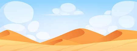 Vector illustration a desert with sand dunes on a background of blue sky and cloudsのイラスト素材