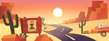 Desert landscape with golden sand dunes, mountains cactus, wanted ad on the road, vector hot sun wild dry African natureのイラスト素材