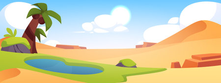 Desert landscape with sand dunes and paradise with lake and palm trees, cartoon vector wild African nature backgroundのイラスト素材