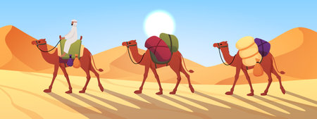 Vector illustration of a desert landscape with sand dunes, a camel caravan and a horsemanのイラスト素材