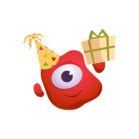 Vector monster with one eye in a festive hat and a gift in his handsのイラスト素材