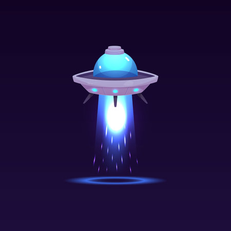 Vector illustration of a flying saucer emitting a glowing abductor ray.のイラスト素材