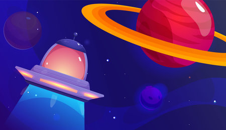 Unidentified flying object UFO on space landscape, fantasy alien extraterrestrial spaceship in universe and Saturnのイラスト素材