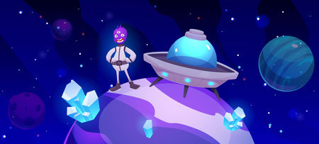 Vector illustration with cute aliens landing on their flying saucer on a planet with crystalsのイラスト素材