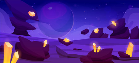 Cosmic alien game vector landscape with gold crystals, desert surface rocks on night starry sky, fantasy space planetのイラスト素材