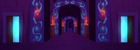 Medieval dungeon corridor interior with glowing opened doors, stone walls, burning torches, vector ancient prison hallのイラスト素材