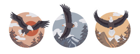Vector set of icons with flying bald eagles on the background of forests and mountainsのイラスト素材