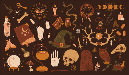 Wicca pagan faith symbols vector set, esoteric collection, vintage occult signs, witchcraft, wizard and alchemical themeのイラスト素材
