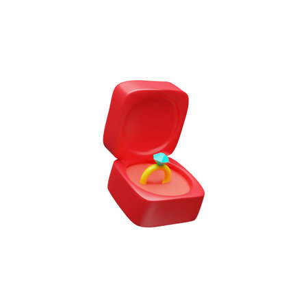 Wedding gold ring with diamond in red gift box, 3D vector isometric square package case with engagement jewelry presentのイラスト素材