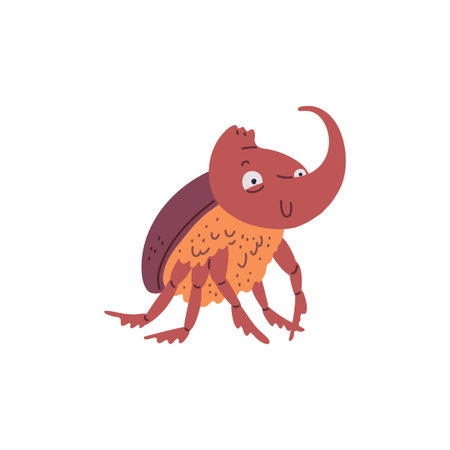 Cute Rhinoceros beetle vector icon, cartoon smiling rhino beetle insect with big horn, scarab beetle wildlife faunaのイラスト素材