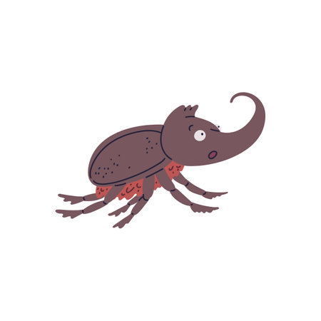 Cute Rhinoceros beetle in panic vector icon, cartoon scared rhino beetle insect with horn, scarab beetle wildlife faunaのイラスト素材