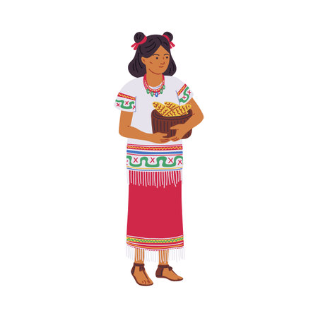 Maya or Aztec tribal local woman with bowl of corn in traditional ethnic costume, vector aborigine female characterのイラスト素材