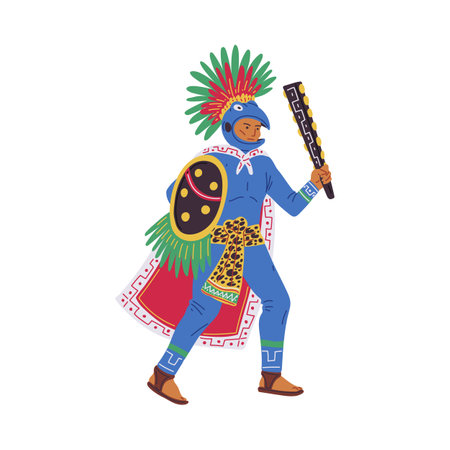 Maya or Aztec ancient tribal warrior with club and shield in ethnic bird costume and feather decorations cartoon vectorのイラスト素材