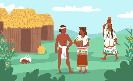 Vector illustration of ancient Mayan or Aztec village with characters and huts.のイラスト素材