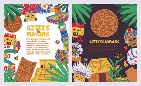 Aztecs and Mayans native ethnic culture vector posters set, traditional religious totem pole, tribal...