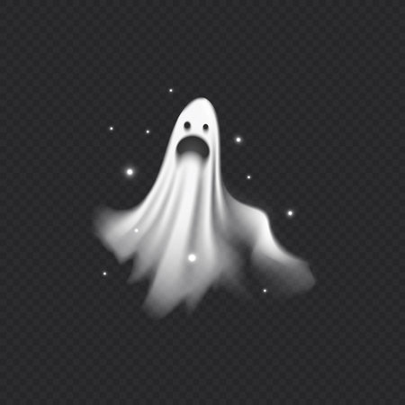 Vector illustration of flying screaming realistic ghost with small glowing particles.のイラスト素材