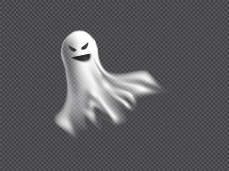 Realistic white ghost flying, vector cartoon angry phantom, dead soul, Halloween spooky monster, mystic scary spiritのイラスト素材
