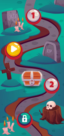 Level map vertical user interface horror vector background, cemetery scenery with gravestone, tomb, skull, candles chestのイラスト素材