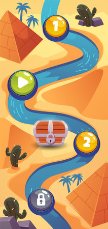 Level map vertical vector user interface desert background, cartoon Egyptian pyramid, sand dunes and river way, chestのイラスト素材