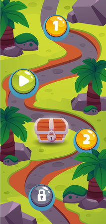 Vector map of game levels with a vertical image of a landscape with palm treesのイラスト素材