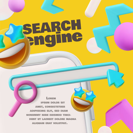 Online search engine network 3D cartoon vector banner, smiley emoticons, search bar on smartphone screen with textのイラスト素材