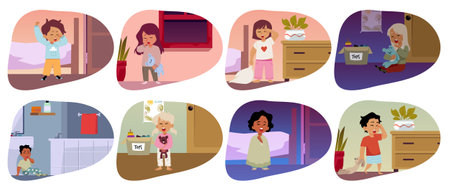 Cozy vector scene before going to bed with sleepy boys and girls in pajamasのイラスト素材