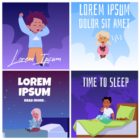 Children in pajamas yawn - set of vector flyers in flat style.のイラスト素材