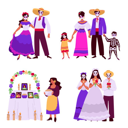 Celebrating the day of death with family and with offerings at the altarのイラスト素材