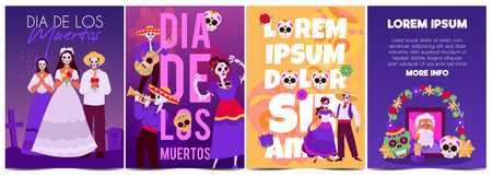Flat vector set of flyers dedicated to the Dia de los Muertos Festival.のイラスト素材